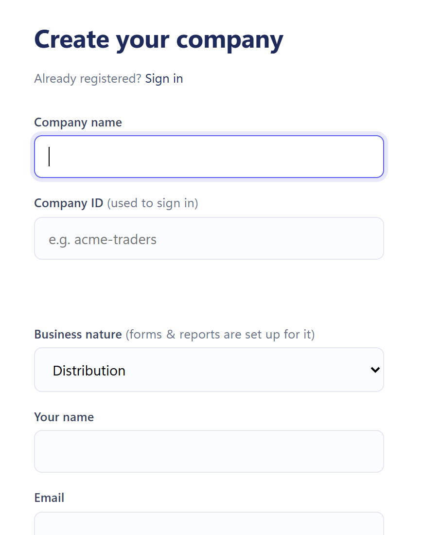 The FRS registration form with company name, company ID, business nature, your name and email